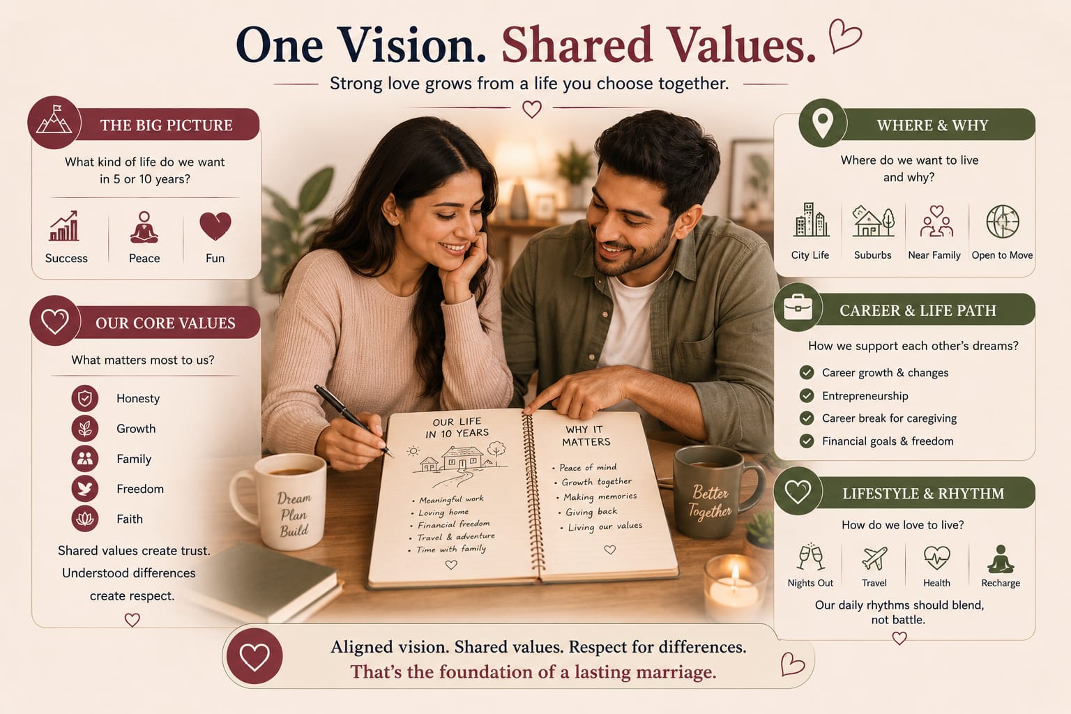 Strong love doesn't just happen - it grows from a shared vision and values you build together— Relationship Coach Rohit J. Bhandarii