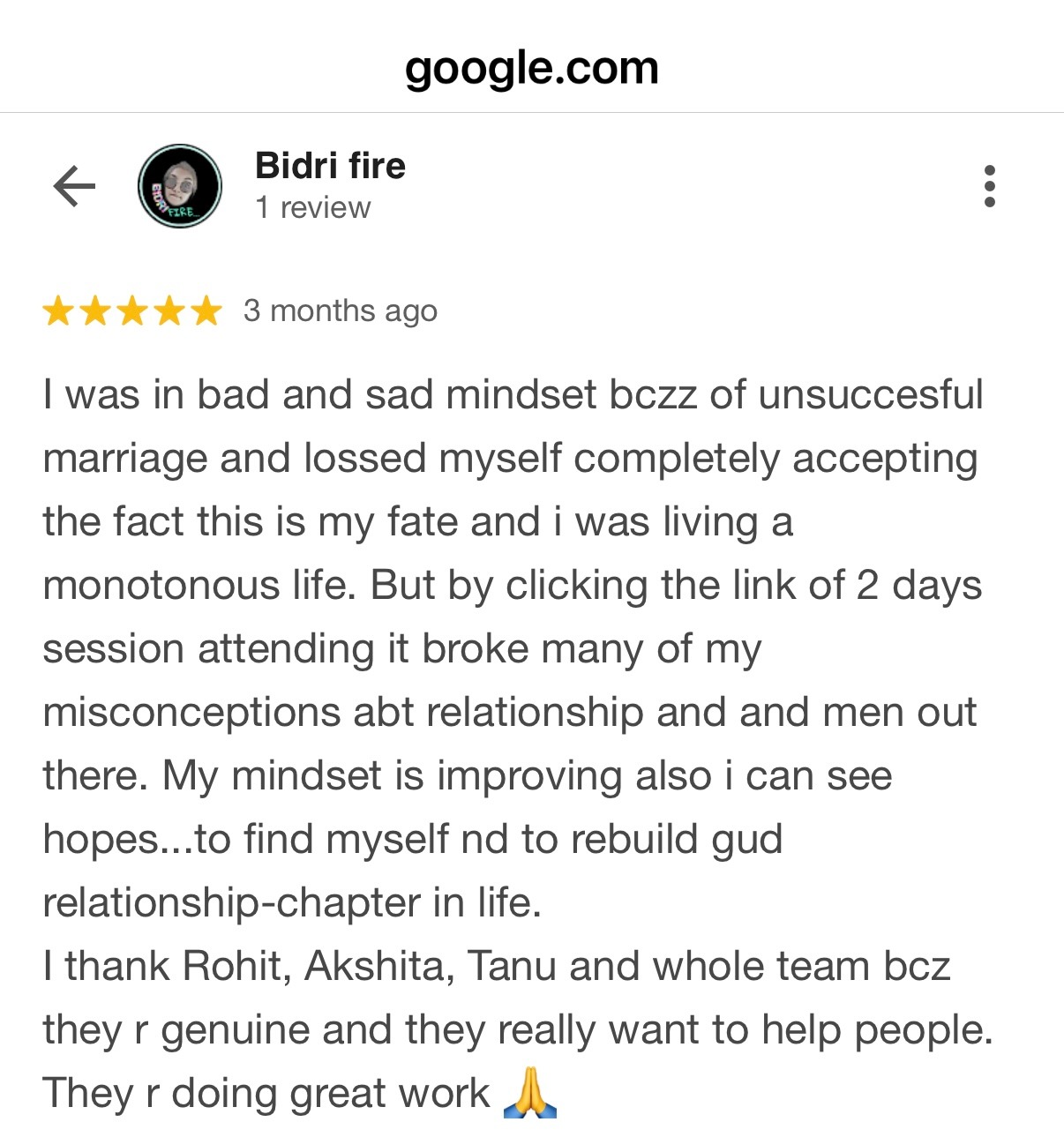 Five star Google review from client praising Rohit J Bhandarii 15