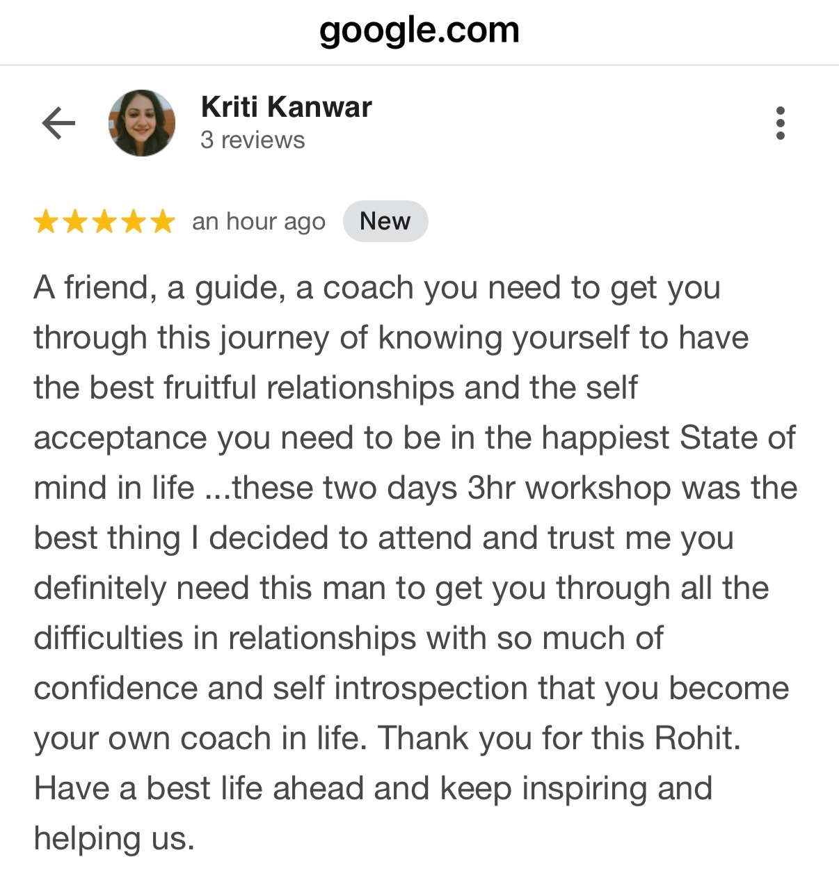 Five star Google review from client praising Rohit J Bhandarii 18