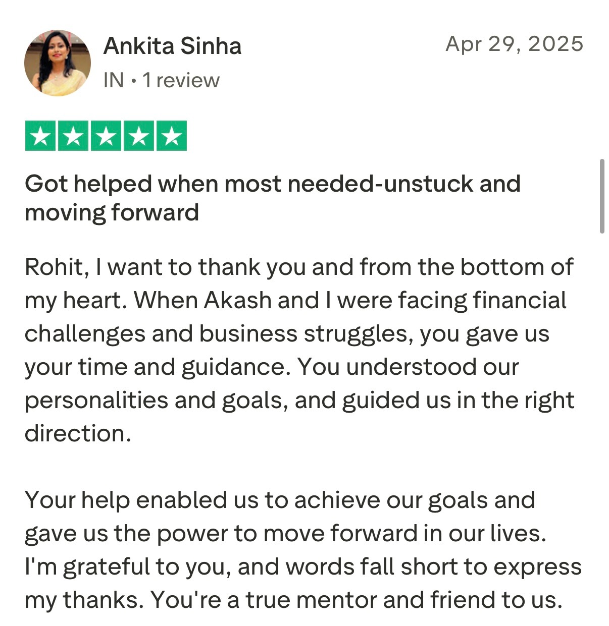 Five star Trustpilot review from client praising Rohit J Bhandarii 15