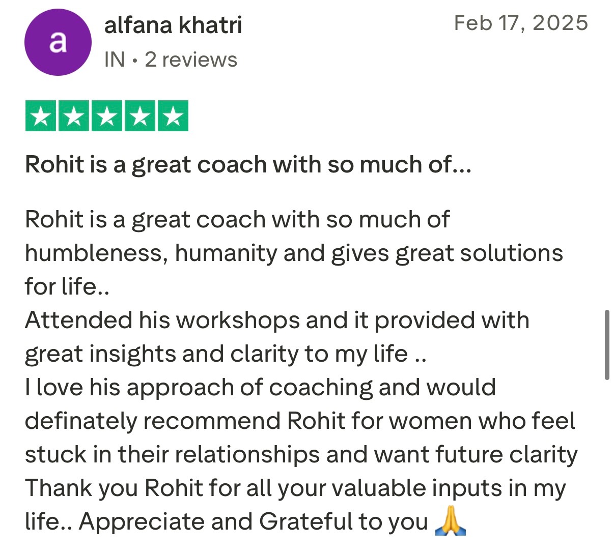 Five star Trustpilot review from client praising Rohit J Bhandarii 20