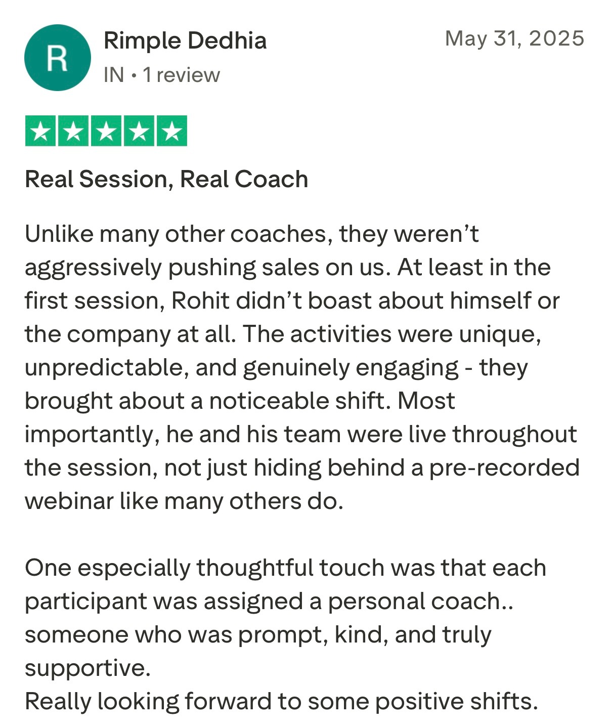 Five star Trustpilot review from client praising Rohit J Bhandarii 30