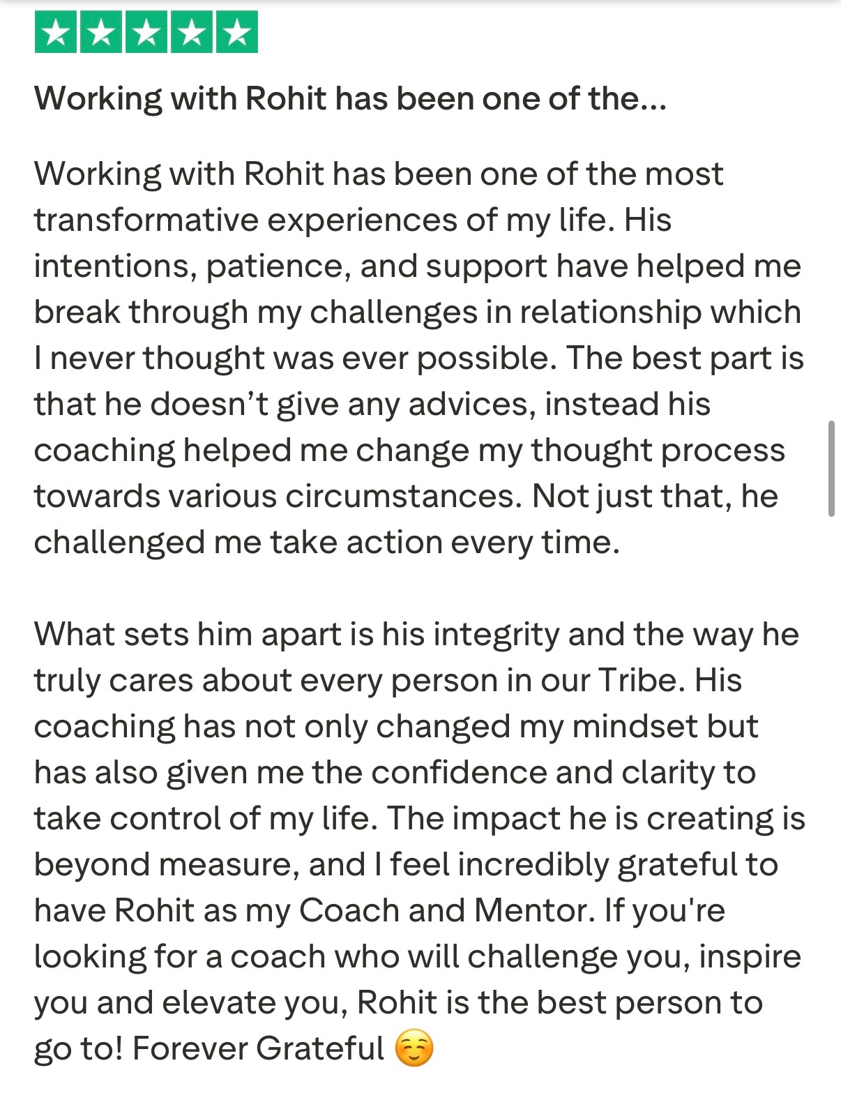 Five star Trustpilot review from client praising Rohit J Bhandarii 33