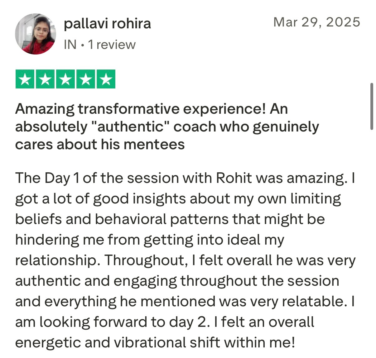 Five star Trustpilot review from client praising Rohit J Bhandarii 37