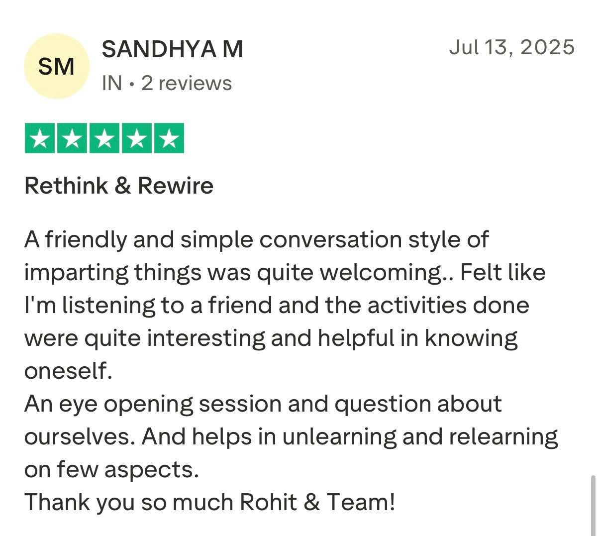 Five star Trustpilot review from client praising Rohit J Bhandarii 4
